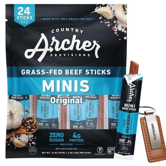 Original Minis Contry Archer Grass Fed, Original Beef Stick 0.5oz Pack Of 24 - Archer Mini Beef Sticks ( Trademank Key Chain Included)