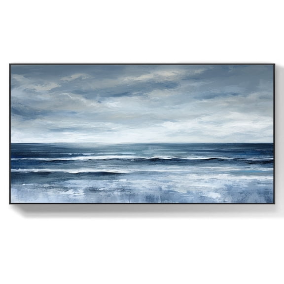 Original Ocean Abstract Oil Painting Sea Waves Textured Wall Art Minimalist Blue Painting Living Room Wall Home Decor,Unstretched,Frameless,(46*92cm)18*36Inches