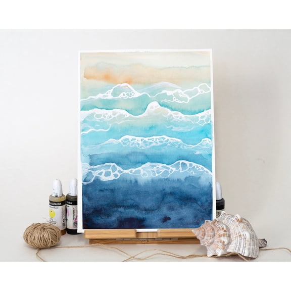 Original Ocean Waves Painted Artwork One Of A Kind Unique Four, Unframed Paper Print