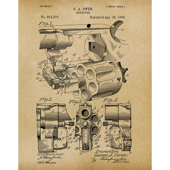 Original Owen Revolver Artwork Submitted In 1898 - Guns - Patent Art Print