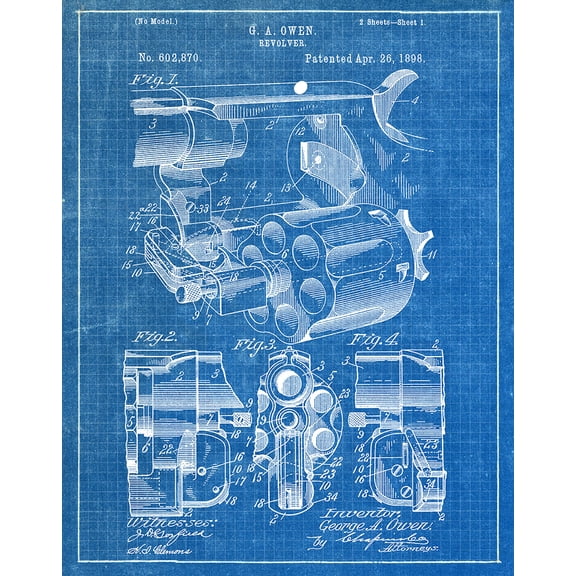 Original Owen Revolver Artwork Submitted In 1898 - Guns - Patent Art Print