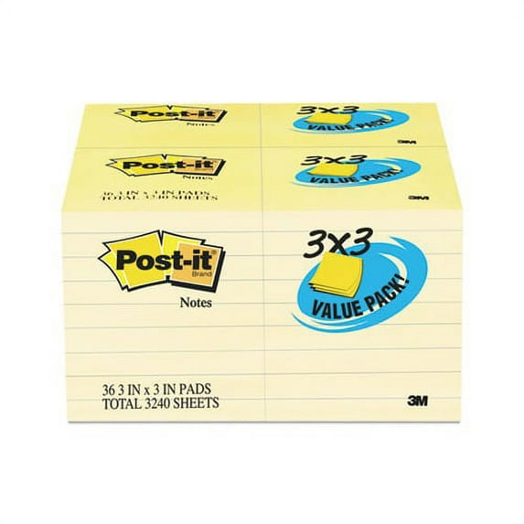 Original Pads Value Pack 3 x 3, Canary Yellow, 90 Sheets/Pad, 36 Pads/Pack