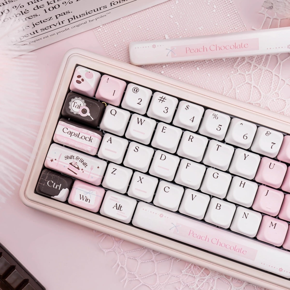 Original Peach Pink Cream Heart-Shaped Keycaps, Custom Mechanical Keyboard Keycaps – 4 Styles: OEM Heart Version (Full Set 149 Keys + Keycap Puller / Mini Set 130 Keys + Keycap Puller), FOA Heart Ver