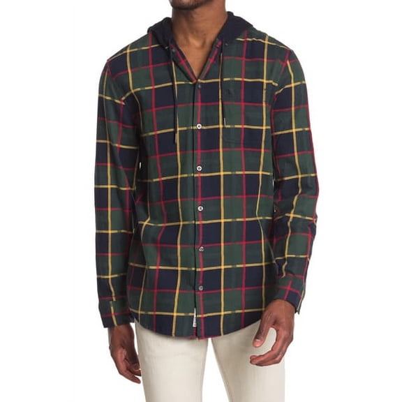 Original Penguin DARK SAPPHIRE Long Sleeve Plaid Flannel Hoodie Shirt, US Small