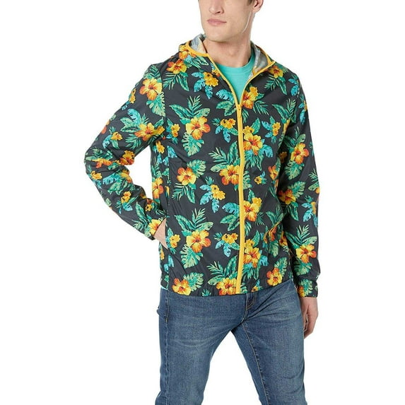 Original Penguin Men’s Tropical Floral-Print Hooded Windbreaker, Dark Sapphire Exploded Hawaiin, X-Large