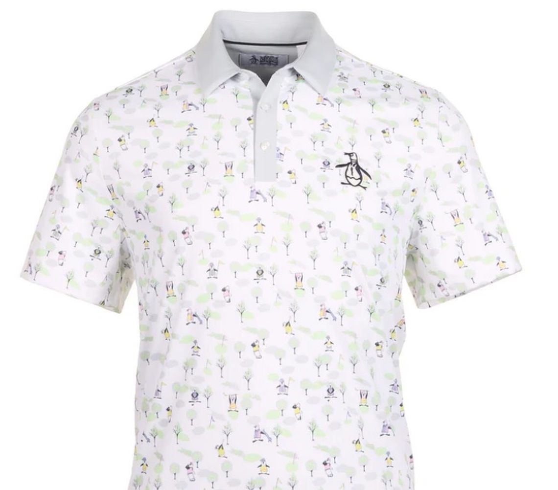 Original Penguin Polo Shirt (Pete On The Course Print, Bright White, Medium) NEW