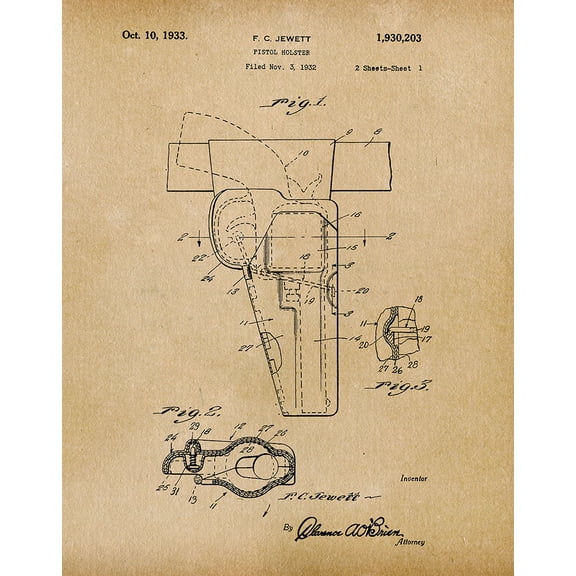 Original Pistol Holster Artwork Submitted In 1933 - Police - Patent Art Print
