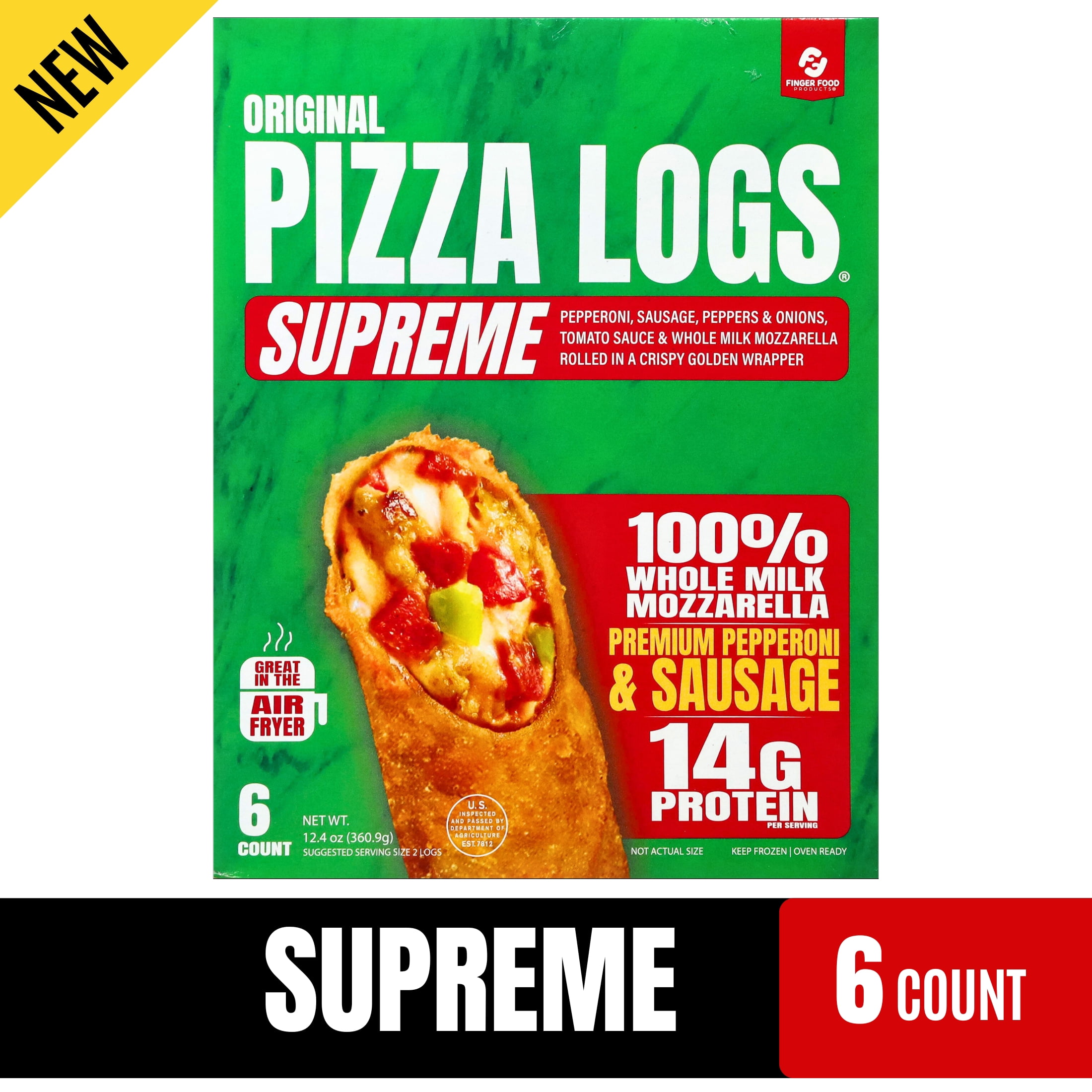 Finger Food Products Original Pizza Logs® Supreme, Air Fryer and Oven-Ready, Frozen Snack, 12.4 oz, 6 Count