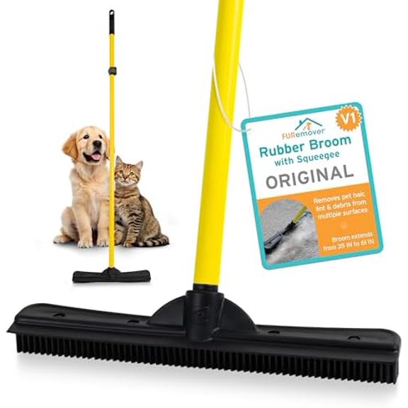 Original Plus Pet Hair Rubber Broom with Squeegee, with 61" Telescopic Handle for Carpet, Tile and Hardwood