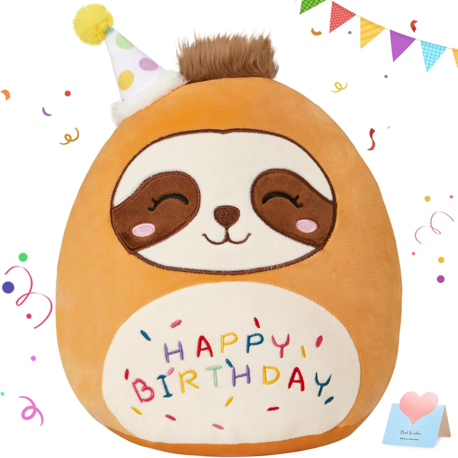 15" Birthday Sloth Plush Stuffed Animals Original Cute Sloth Plushie Large Cuddle Pillow Happy Birthday Gift for Kids Boys Girls