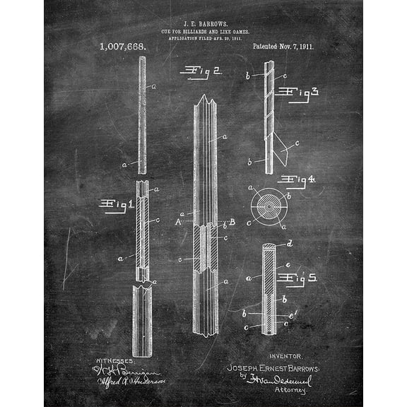 Original Pool Cue Artwork Submitted In 1911 - Billiard - Patent Art Print