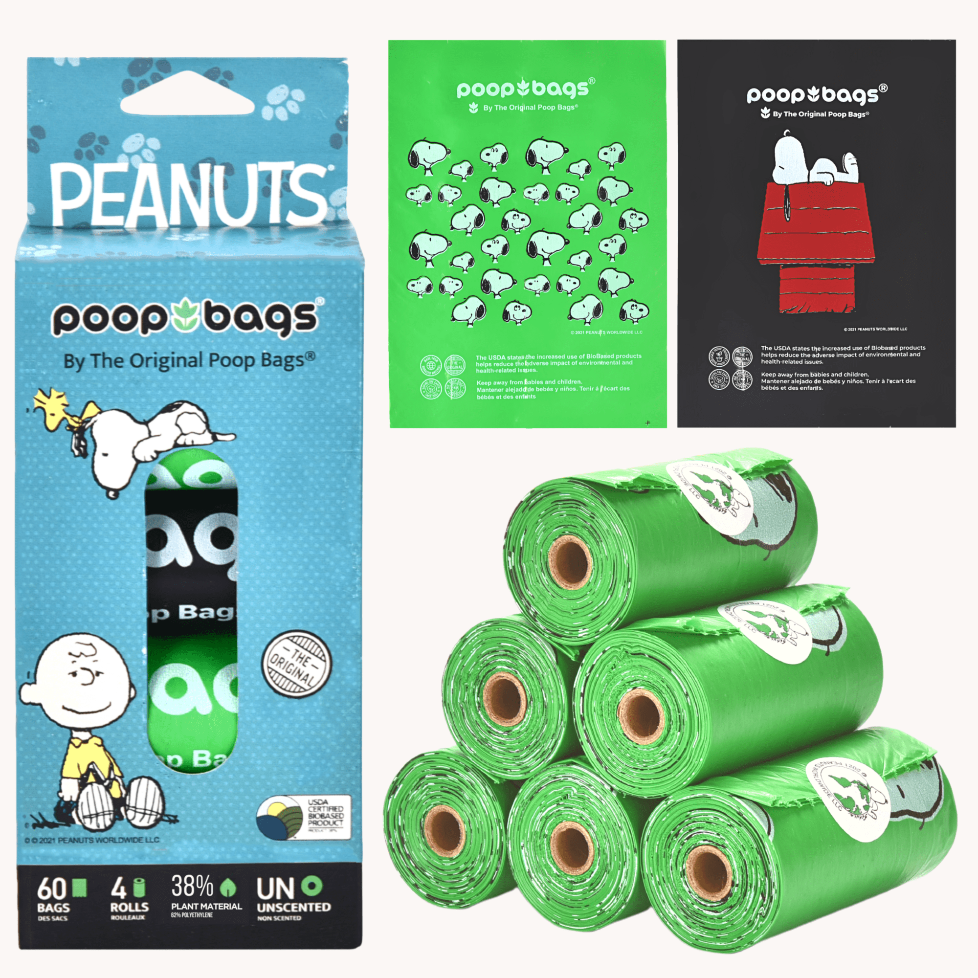 The Original Poop Bags® Dog Waste Bags,  Exclusive Snoopy Line Dog Bag, USDA Certified Dog Poop Bags, Poop Bag Leash Rolls, Dog Poop Bags, 60 Count Pet Waste Bags