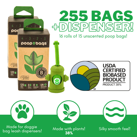 The Original Poop Bags®  - Hydrant Poop Bag Dispenser with  USDA Certified Biobased Countdown Rolls® Poop Bags, Unscented Pet Waste Bags, Dog Poop Bags,1 Dispenser with 255 bags