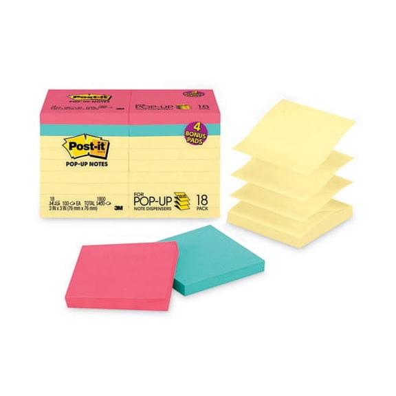 Original Pop-up Notes Value Pack, 3 x 3, (14) Canary Yellow, (4) Poptimistic Collection Colors, 100 Sheets/Pad, 18 Pads/Pack | Bundle of 2 Packs