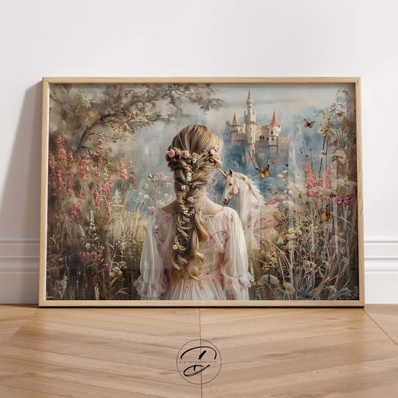 Original Princess And Unicorn Wall Art, Whimsical Art Nursery Decor, Girls Bedroom Decor, Princess Nursery Wall Art, Cottagecore Wall Art Home Decor #402, Unframed Poster Size 12x18