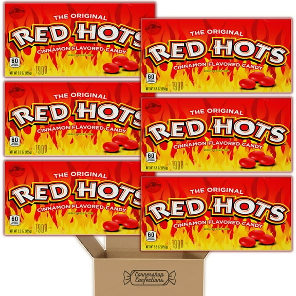 The Original Red Hots Movie Theater Box Candy Bundle Pack - 6 Individually Sealed 5.5 Ounce Boxes - Cinnamon Flavored Candy - For Quick Snacks, Lunches, Movie Nights in Cornershop Confections Pack