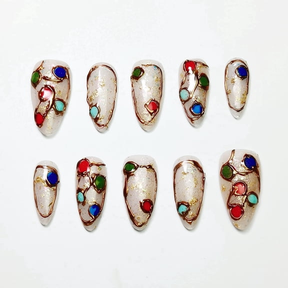 Handmade Original Almond Press-on Nails, Gold Trim & Multi-Color Gem Artisan Nail Set, 10 Pieces, Size l