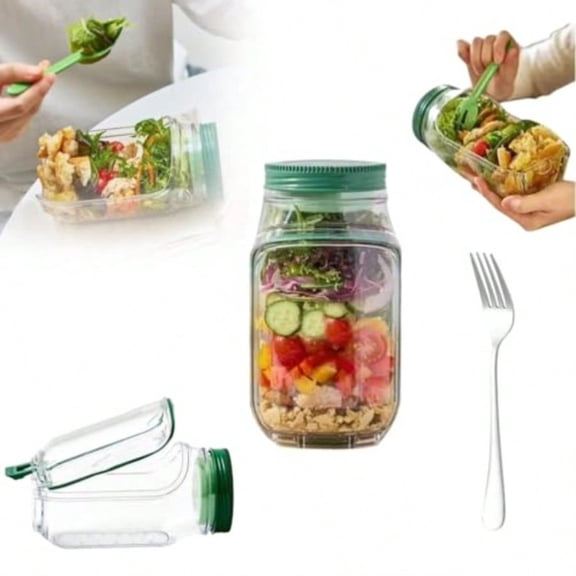 Salad Jar with Side Opening - Leakproof Portable Salad Container with Dressing Cup & Lid, Lid-to-Bowl Design, Dishwasher & Freezer Safe for for Office, Gym, Travel, Picnic, Green(1PCS)