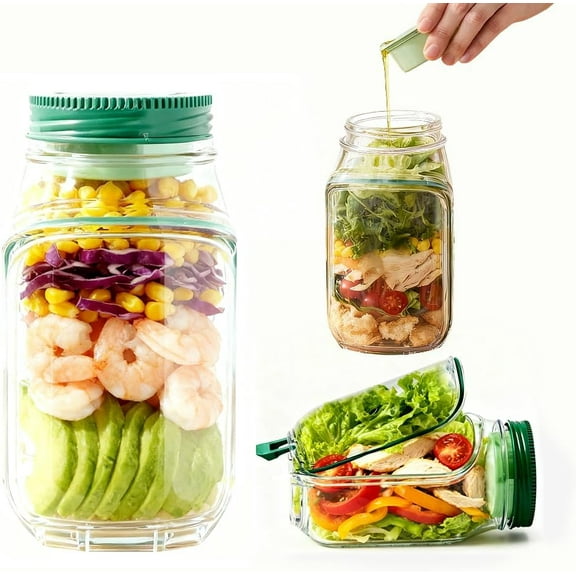 The Original Salad Pod,Salad Pod Jar Side Open Leakproof Dressing Compartment Portable Salad Container, Snack Box with Lid, Suitable for Home, Outdoor, Travel and Party