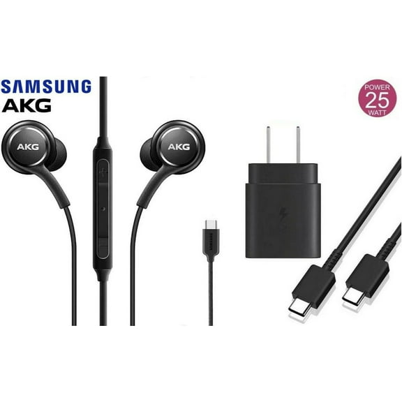 Original Samsung Galaxy Note10 Super Fast Charging 25W Wall Charger + AKG Samsung Headphones Bundle - Black