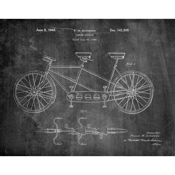 Original Schwinn Tandem Bicycle Artwork Submitted In 1944 - Bicycles - Patent Art Print