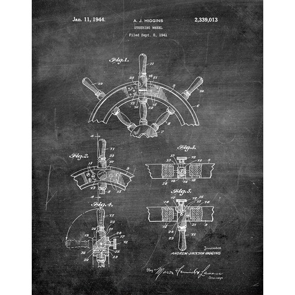 Original Ship Steering Wheel Artwork Submitted In 1944 - Nautical - Patent Art Print