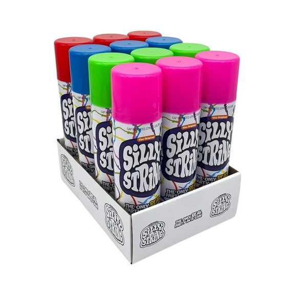 The Original Silly String! Silly String Party Pack, 12 pack, Assorted Colors, 3oz Large Can The Only REAL Party in a Can! Be Silly! Shoots over 15ft! Y102