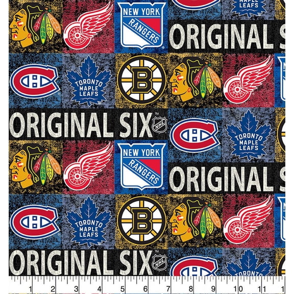 Original Six Cotton Fabric with Distressed Logos Print and Matching Solid Cotton Fabrics