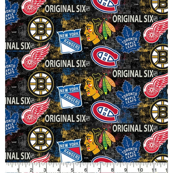 Original Six Cotton Fabric with Distressed Tossed Logos Print and Matching Solid Cotton Fabrics