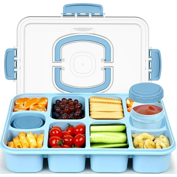 Original Snackle Box Container - 10-Compartment Divided Snack Serving Tray with Lid & Handle, Built-in 2 Dressing Containers, Leak-Proof, Dishwasher Safe, BPA-Free (Sky Blue)