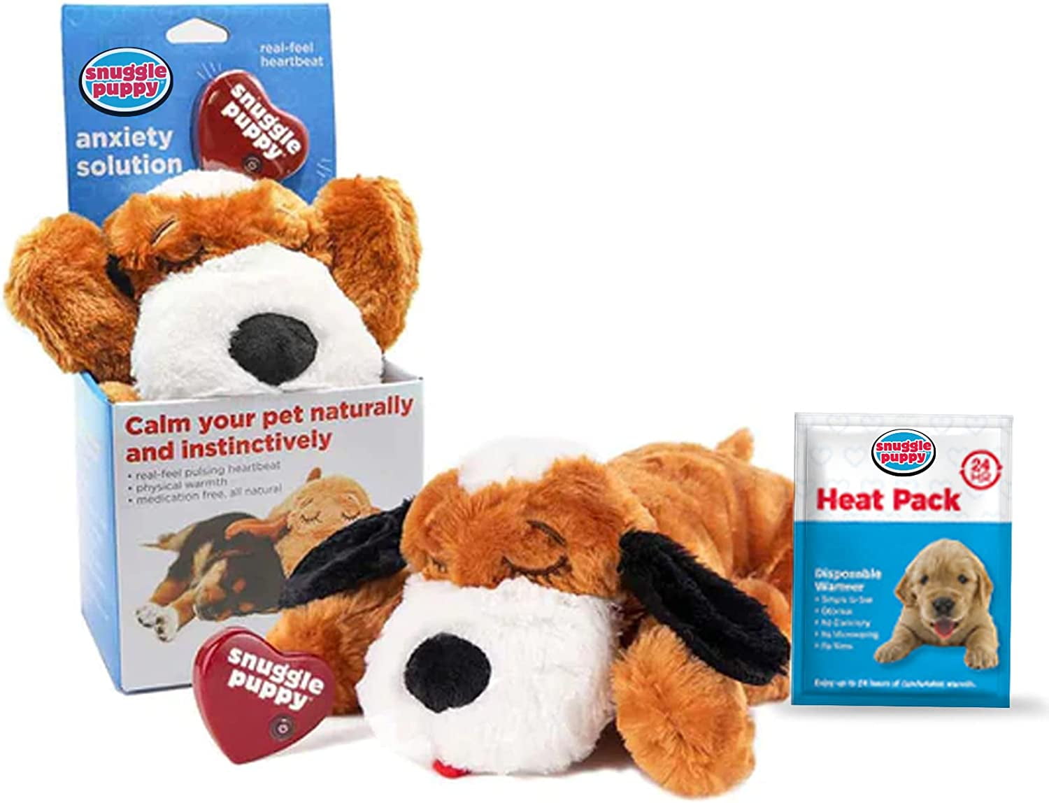 Original Snuggle Puppy Heartbeat Stuffed Toy for Dogs - Pet Anxiety Relief  and Calming Aid - Comfort Toy for Behavioral Training - Brown and White