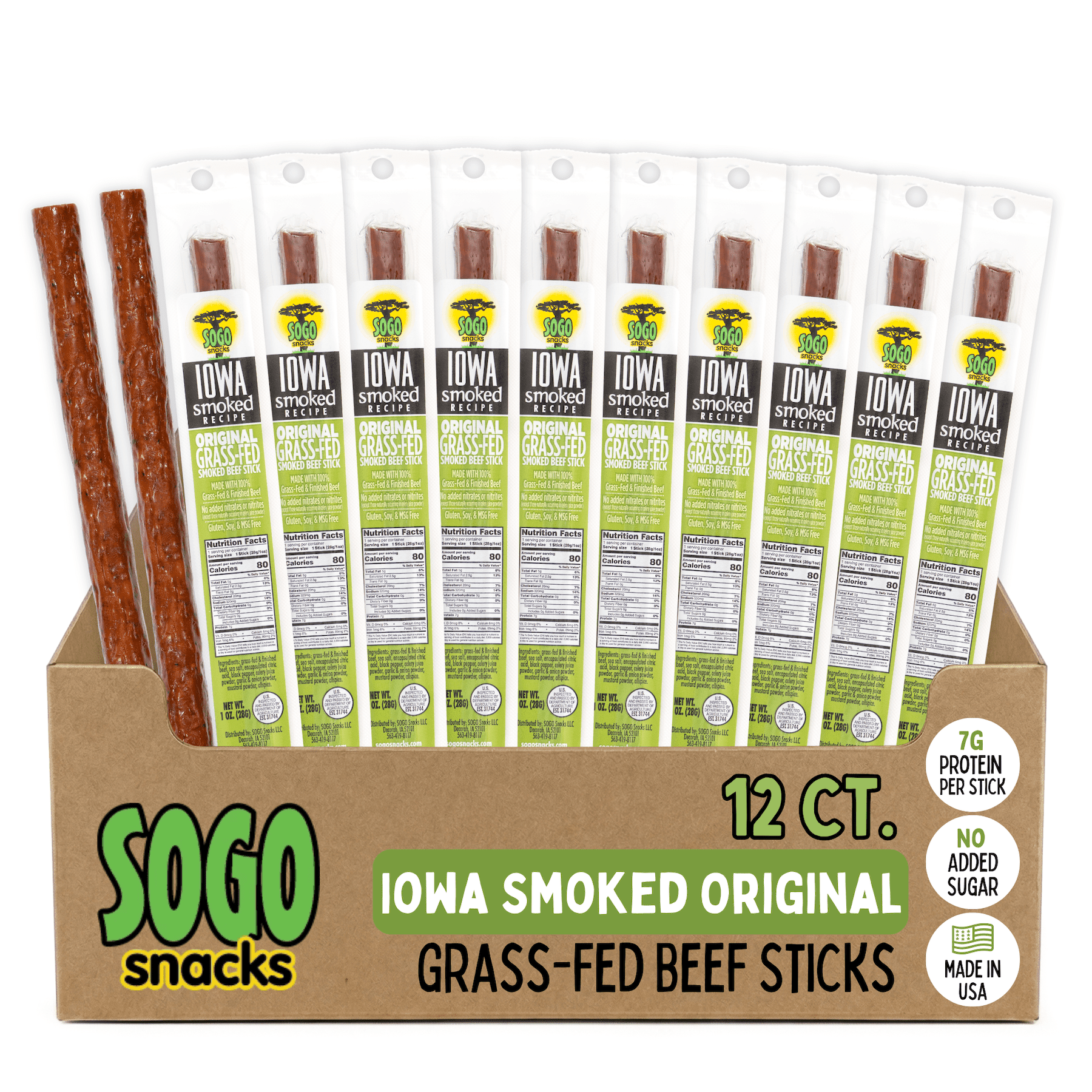 Original - Iowa Smoked Recipe, Sugar Free Beef Jerky, Grass Fed Beef Sticks. No Artificial Nitrates, Gluten, Soy, MSG, Dairy, or Nuts. Paleo, Whole30, & Keto Snack (12 Cnt)