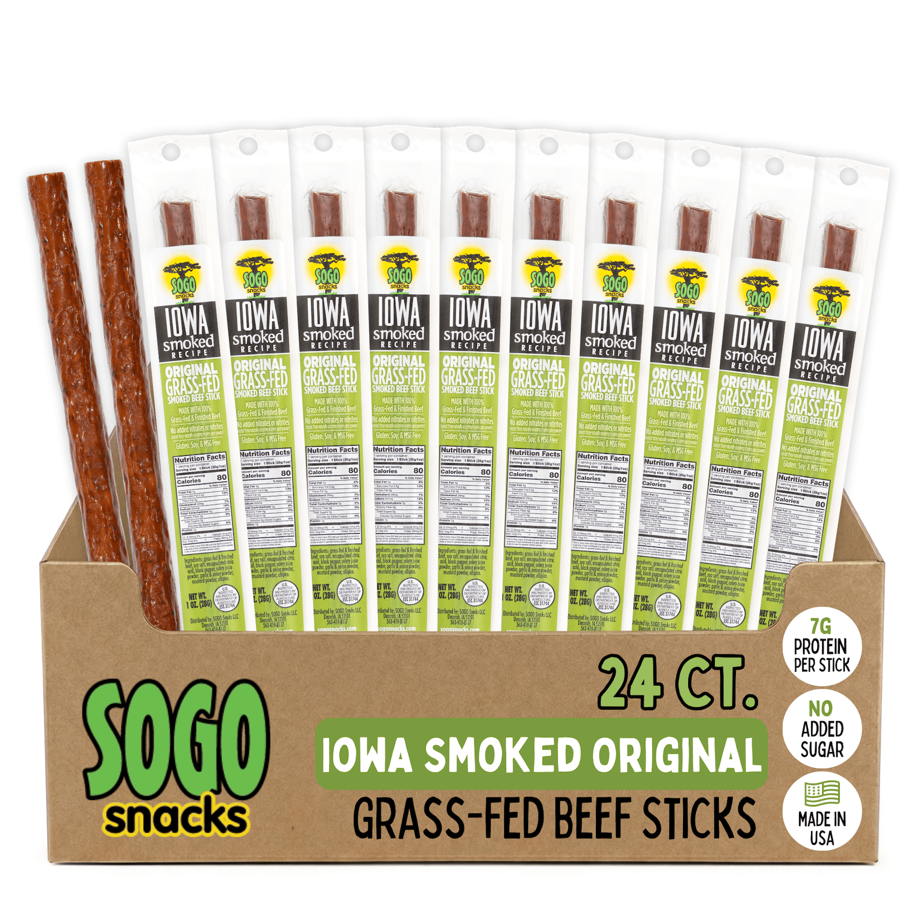Original - Iowa Smoked Recipe, Sugar Free Beef Jerky, Grass Fed Beef Sticks. No Artificial Nitrates, Gluten, Soy, MSG, Dairy, or Nuts. Paleo, Whole30, & Keto Snack (24 Cnt)