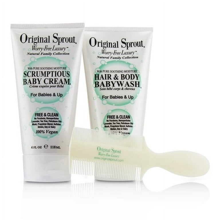 Original Sprout Babys First Bath Kit: 1x Hair and Body Baby Wash 118ml + 1x  Scrumptious Baby Cream 118ml + 1x Comb (For 