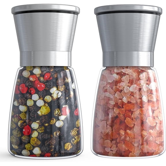 Dompilc 2 - Pack Salt & Pepper Grinder Set: Refillable, Adjustable Coarseness, 6oz Stainless - Steel Mills with Glass Containers