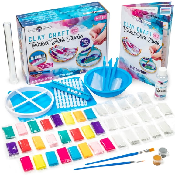 Original Stationery Craft Kits Trinket Dish Studio - Multicolor, 40 Pieces, Air-Drying Clay & Tools - Jewelry Dish Making Kit & DIY Clay Jewelry Bowls
