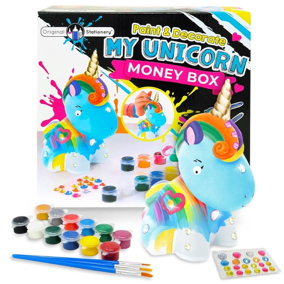 Original Stationery Decorate and Paint Your Own Unicorn Money Box - Kids Paint Set Birthday Gift for Girls with 21 Gems, 12 Non Toxic Colors and More!