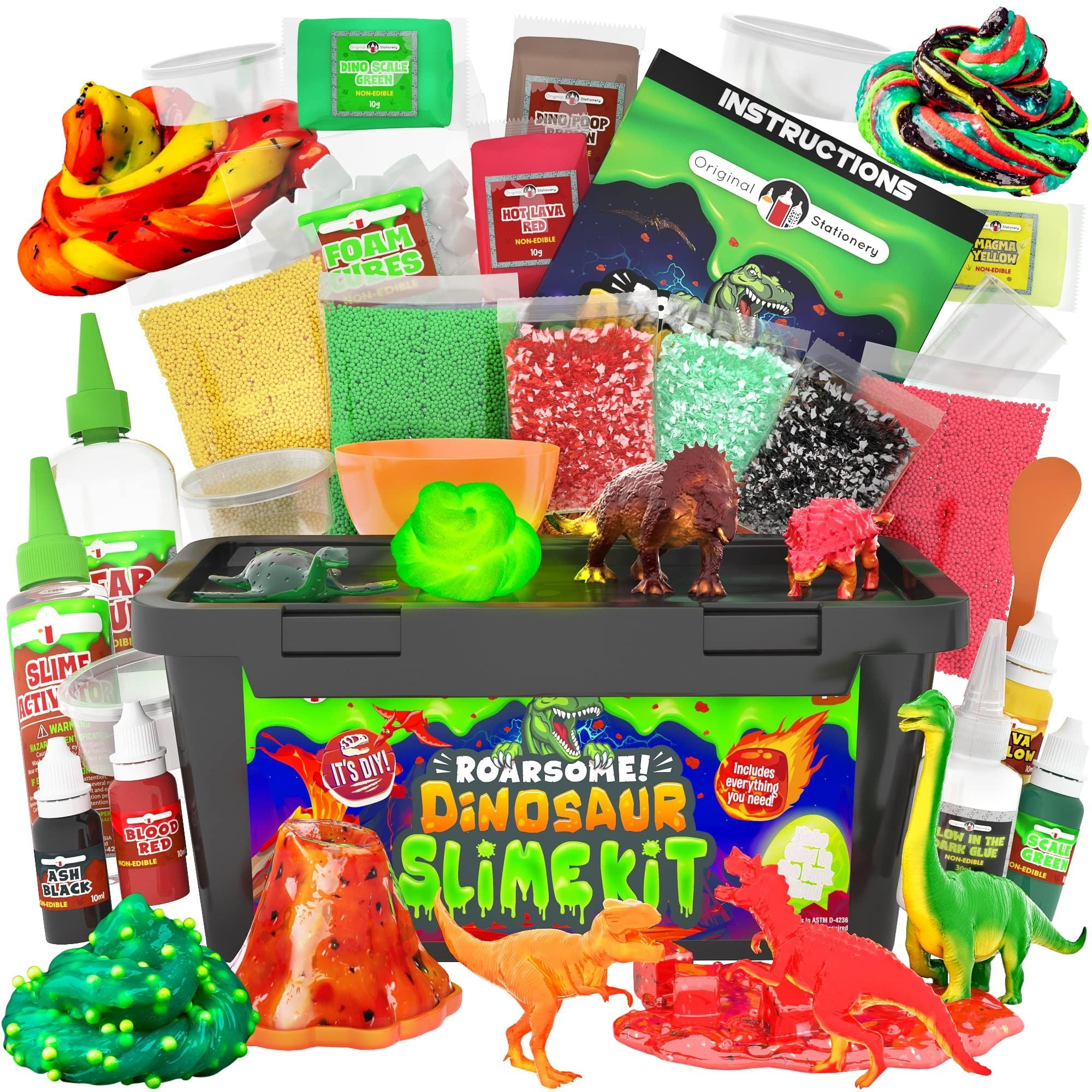 Original Stationery Dinosaur Slime Kit, Glow in The Dark Slime Making Kit to Create Slime for Boys, Glossy Slime and Dino Poop Slime for Kids, Awesome