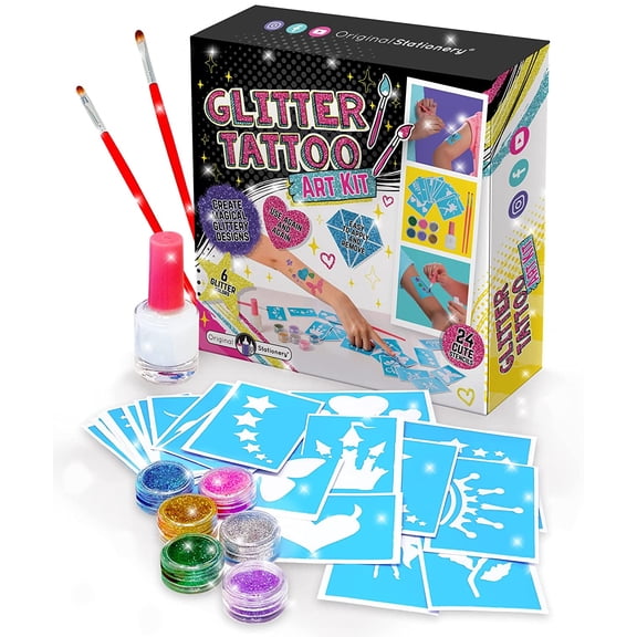 Original Stationery Glitter Tattoo Studio - Perfect Birthday Gifts For Girls - Sparkly And Colorful Temporary Tattoos For Kids - Magical Fake Tattoo Kit Arts And Crafts For Girls