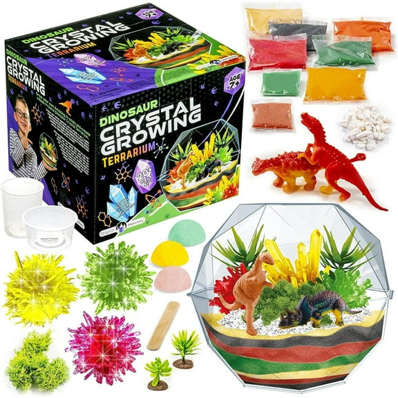Original Stationery Grow Your Own Crystal Dinosaur Terrarium Kit, All in One Crystal Growing Kit with 2 Dino Figurines and Seeds to Grow 3 Crystals for Kids, Fun Creative Experiment & Great Gift Idea