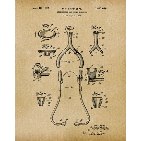 Original Stethoscope Artwork Submitted In 1932 - Medical - Patent Art Print