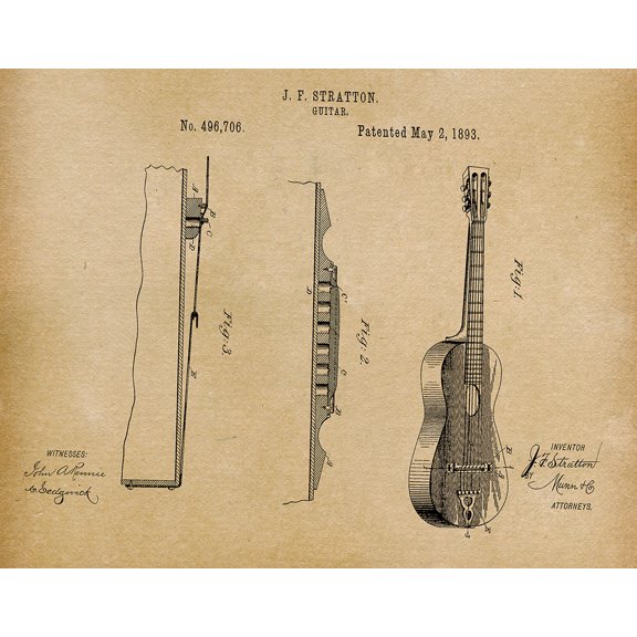 Original Stratton Guitar Artwork Submitted In 1893 - Music - Patent Art Print