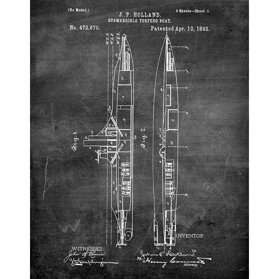 Original Submarine Artwork Submitted In 1892 - Nautical - Patent Art Print