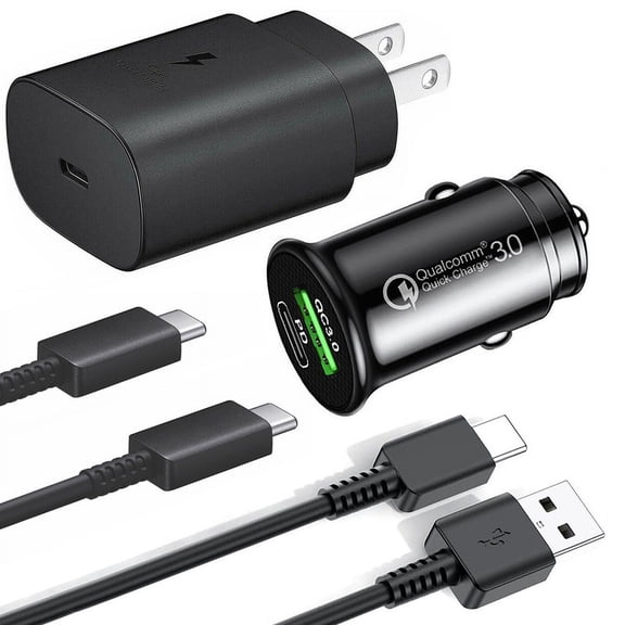 Original Super Fast Charger Pack 25W PD USB-C Wall Adapter Plug + Dual Port Fast Car Charger (USB-A+USB-C) + USB-C to USB-C OEM Fast Charging Cable 3ft + USB-A to Type-C Fast Charger Cable 4ft [Black]