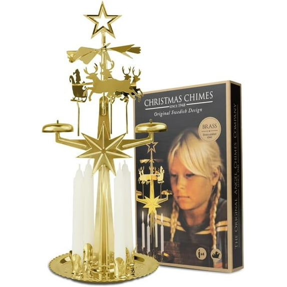 Original Swedish Angel Chimes, Carousel and 4 Candles – Scandinavian Spinning Festive Chimes for Christmas, Best Memorial Gift Since 1948, Home Decorations - Gold Brass