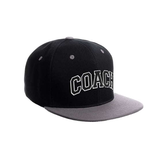 Original Team Coach Snapback Hat Classic Layered Arched Letters Flat Bill Cap (Black Grey Hat White Black Letters)