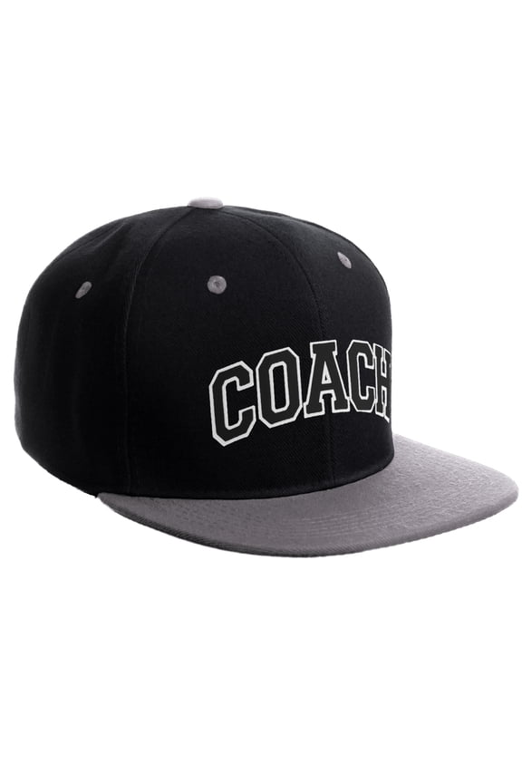 Original Team Coach Snapback Hat Classic Layered Arched Letters Flat Bill Cap (Black Grey Hat White Black Letters)