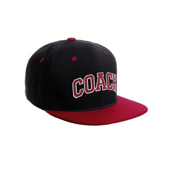 Original Team Coach Snapback Hat Classic Layered Arched Letters Flat Bill Cap (Black Red Hat White Red Letters)