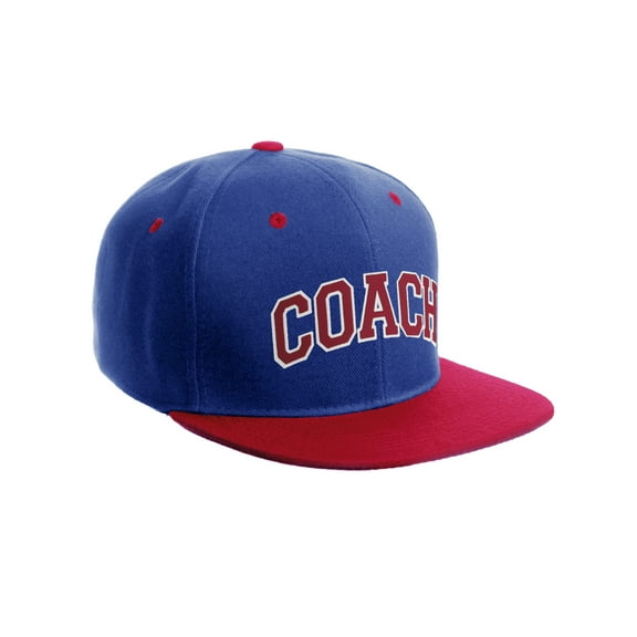 Original Team Coach Snapback Hat Classic Layered Arched Letters Flat Bill Cap (Blue Red Hat White Red Letters)