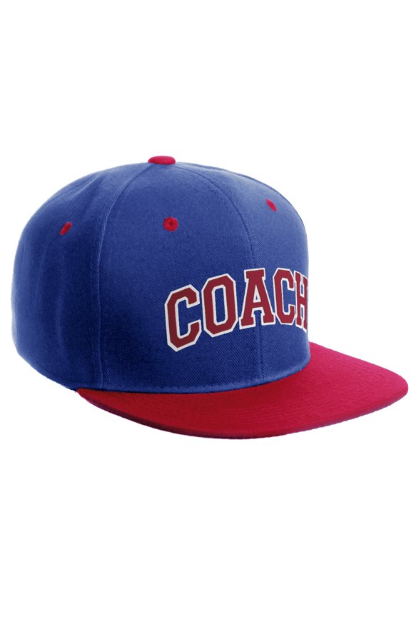 Original Team Coach Snapback Hat Classic Layered Arched Letters Flat Bill Cap (Blue Red Hat White Red Letters)